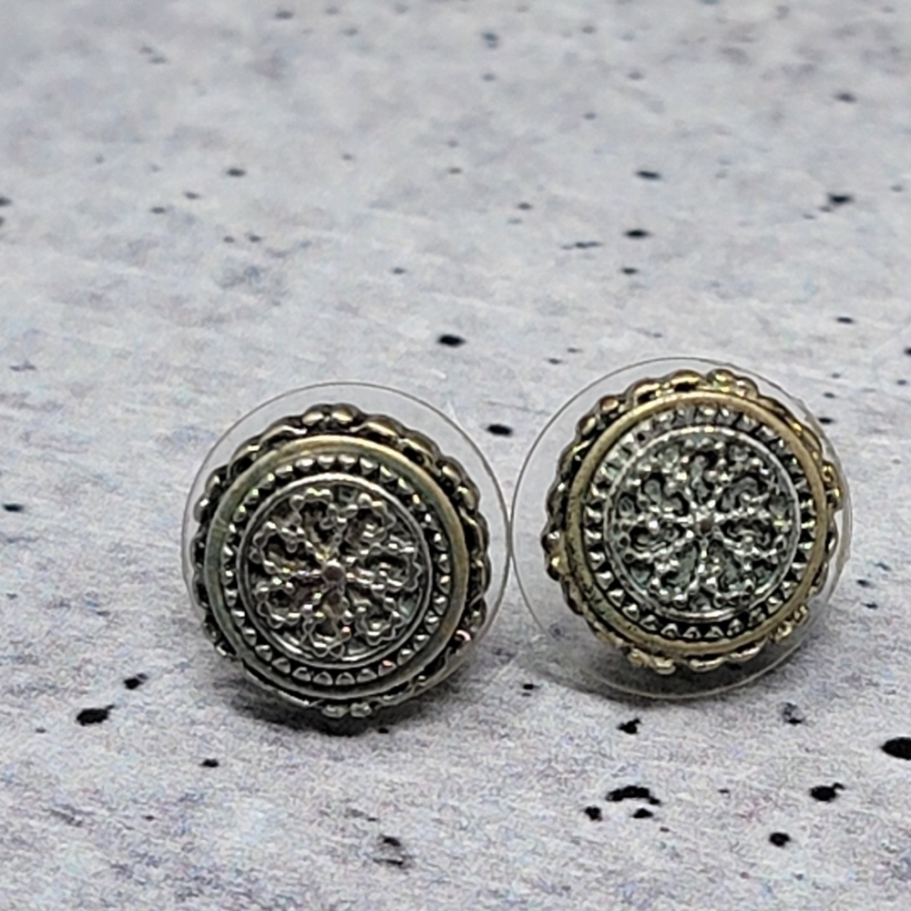 Silver & Bronze Tone Circular Textured Stud Earrings